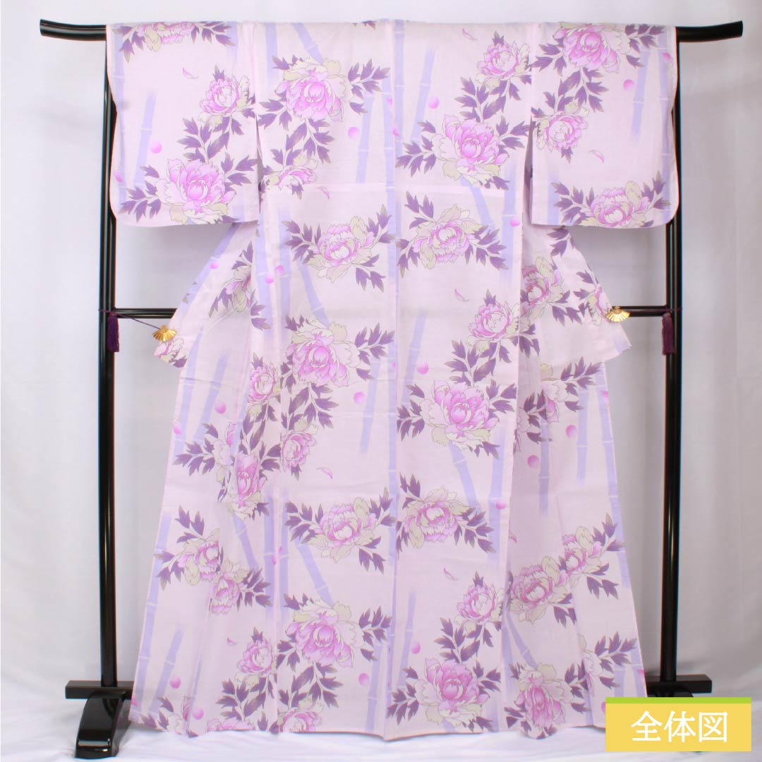 Cotton Yukata, Length 166cm, Sleeve Length 67.5cm, A-Rank, Single-Layer, Purple with Light Wisteria (Usu-Fujiiro), Peony and Bamboo Design, Product Number: 1118006053520