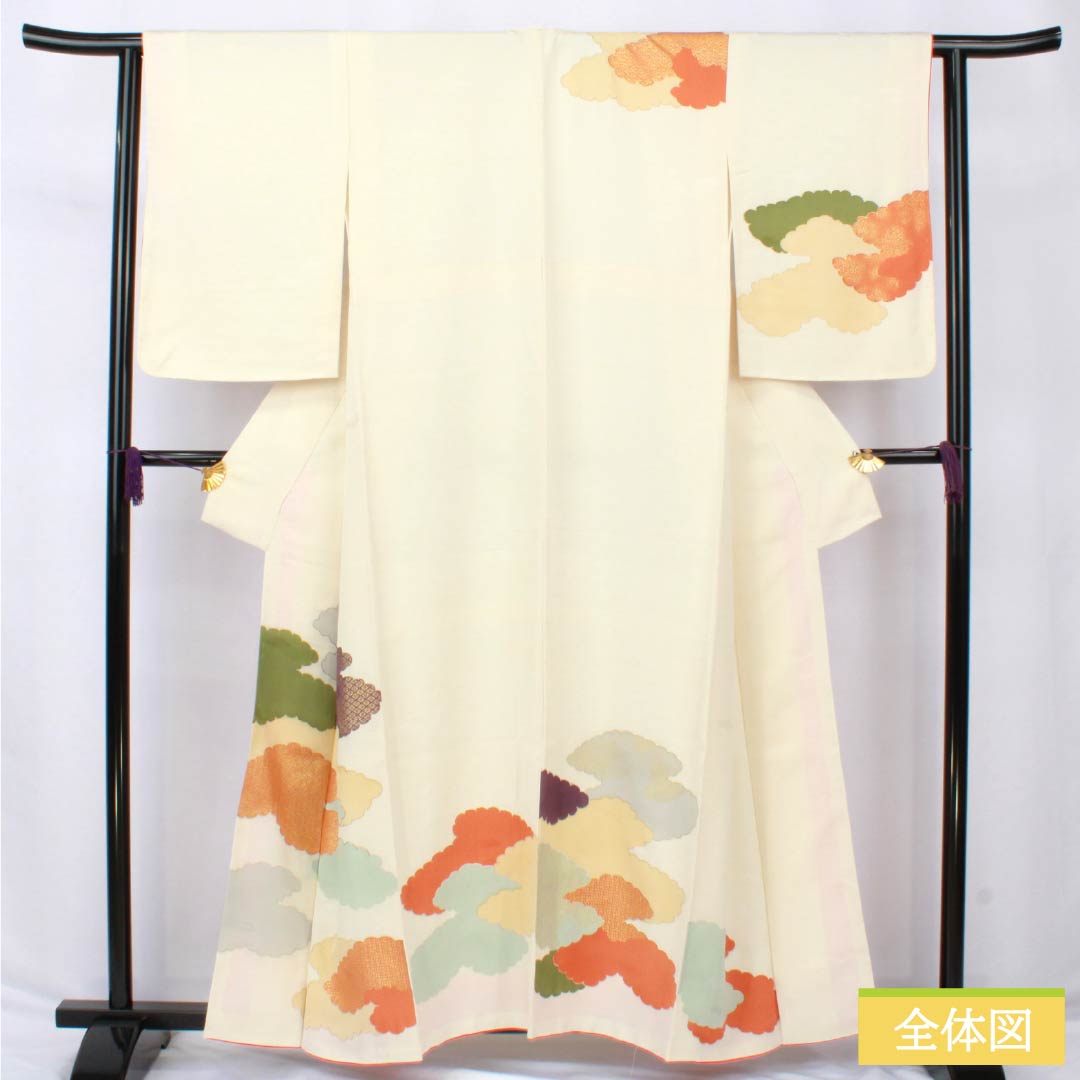 訪問着 正絹 Aランク 袷 身丈157.5cm 裄丈62cm 乳白色（にゅうはくしょく） 京友禅 雲取り しつけ糸付き 白系 1112006563311