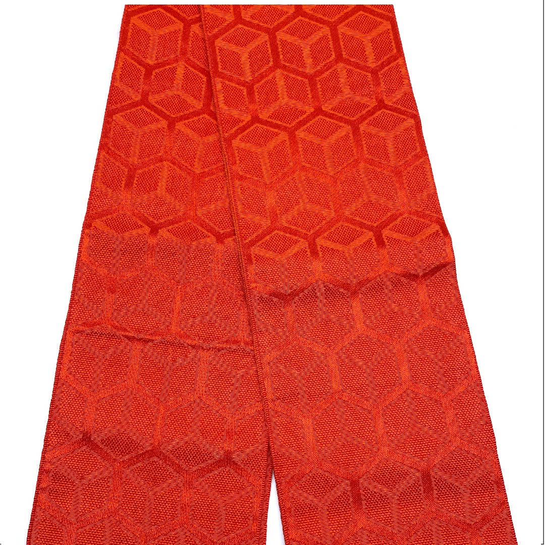 [Unsewn] Reversible obi, polyester, S rank, scarlet, tortoiseshell with triple diamonds, classic pattern, geometric pattern. Obi length 346cm. Red family. 1125001012312