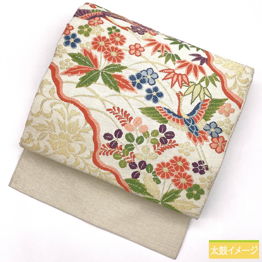 Nagoya Obi, Pure Silk, S-Rank, Off-White, Keicho Pattern, Phoenix and Chinese Flowers, Length 348cm, Pointed Pattern, Semi-Formal, Cream, Product Number 1124009392315, Nagoya Style