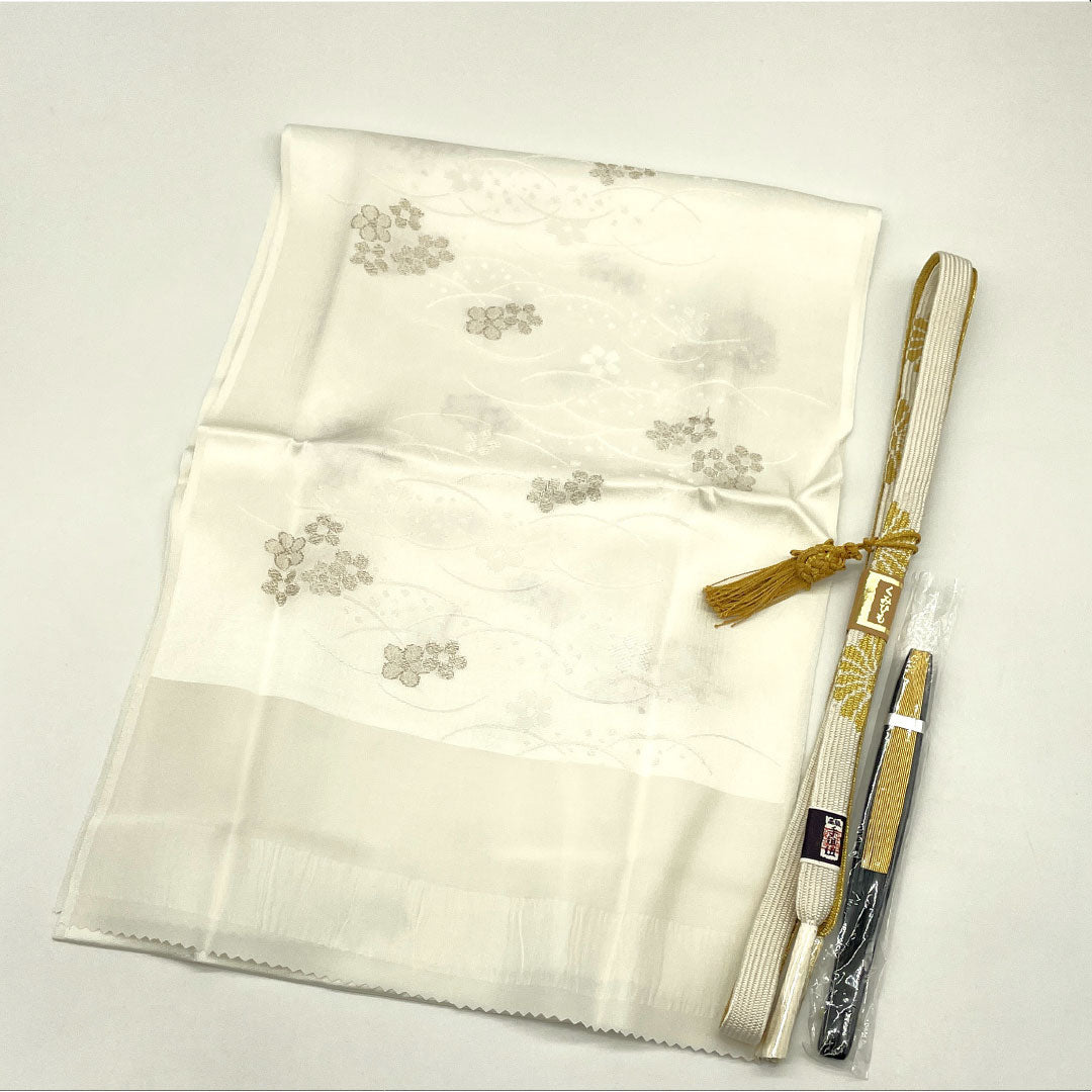 New Old Stock Obijime and Obiage Set, Pure Silk, NEW Rank, Milky White, for Tomesode, Plum and Shibakusa, Length approx. 160cm, Width approx. 1.7cm, Formal, White Color, 1141000381311