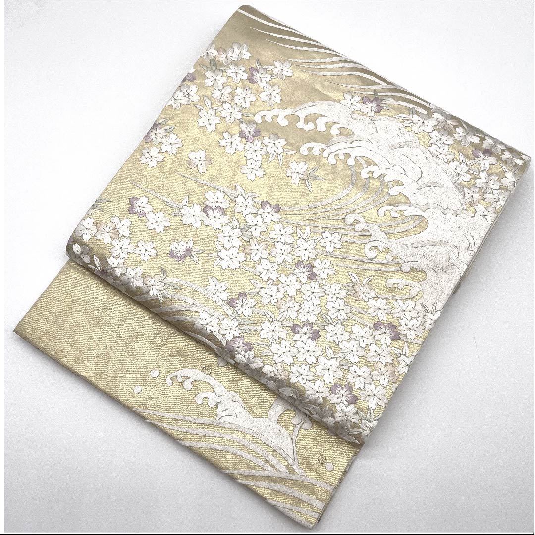 袋帯 薄卵色（うすたまごいろ） 刺繍 桜 波 露芝 帯丈450cm 正絹 Sランク 六通 フォーマル クリーム系 1123008152315