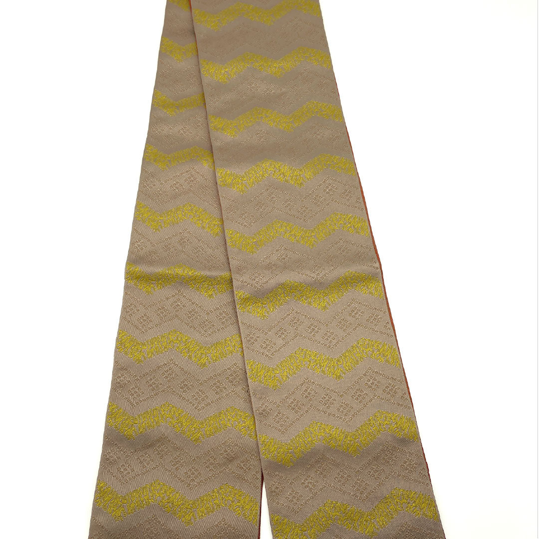 (New) Half-width obi, polyester, NEW rank, dark olive gray, brownish red, zigzag pattern, abstract floral pattern, reversible, obi length 400cm, brown color scheme 1125002571414