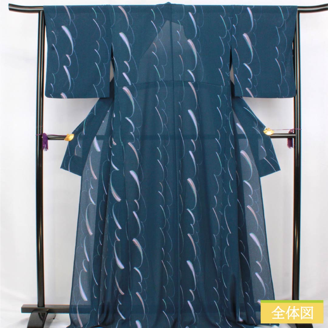 Summer kimono, polyester, komon (small pattern), length 168cm, sleeve length 66cm, navy iron color (kontetsuiro), abstract pattern, washable, ro (ro silk), rank A, navy blue, product number 1132002643518