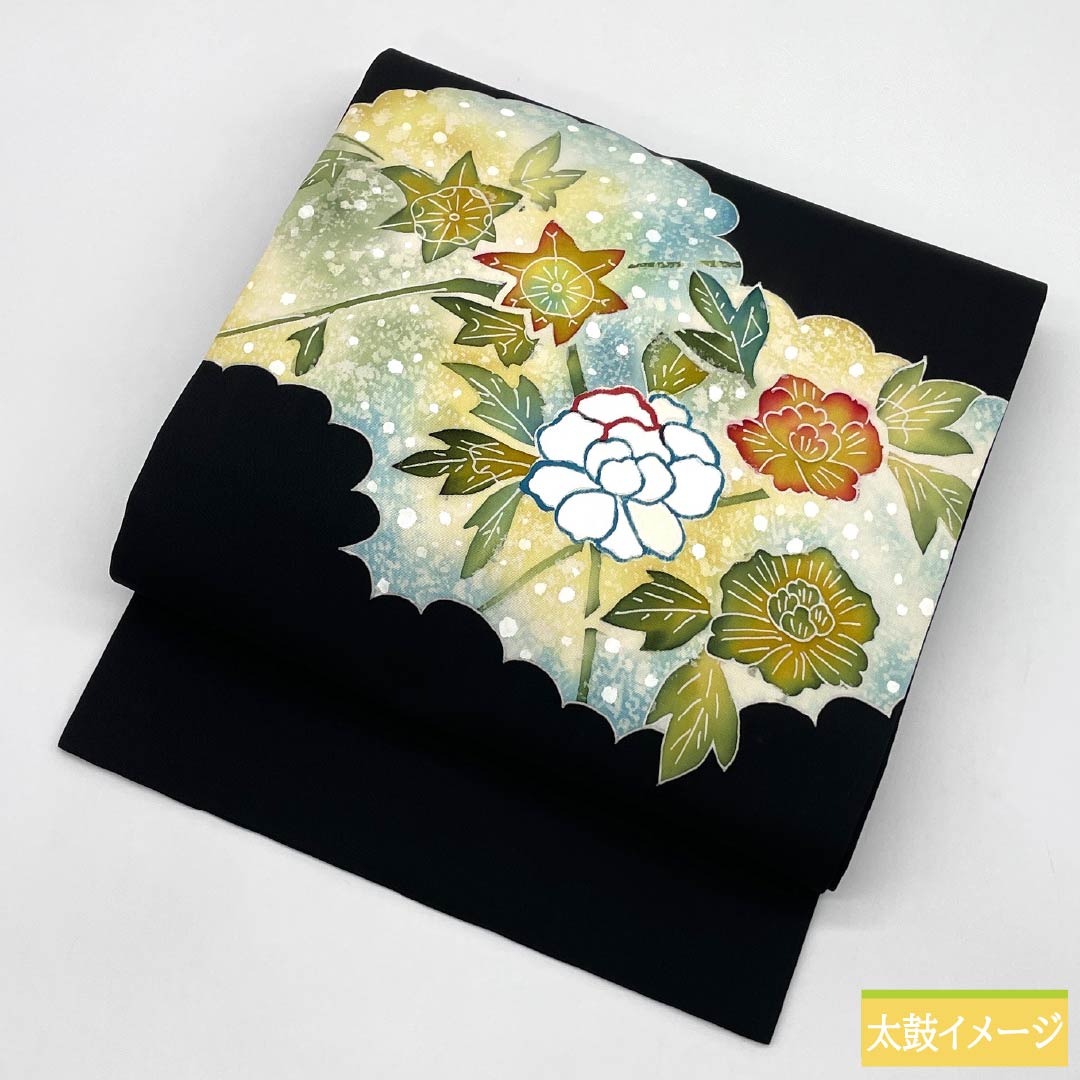 Nagoya Obi, Pure Silk, Grade B, Shiose, Dyed, Floral Pattern, Length 388cm, Pointed Pattern, Casual, Black, 1124009824410, Nagoya Style