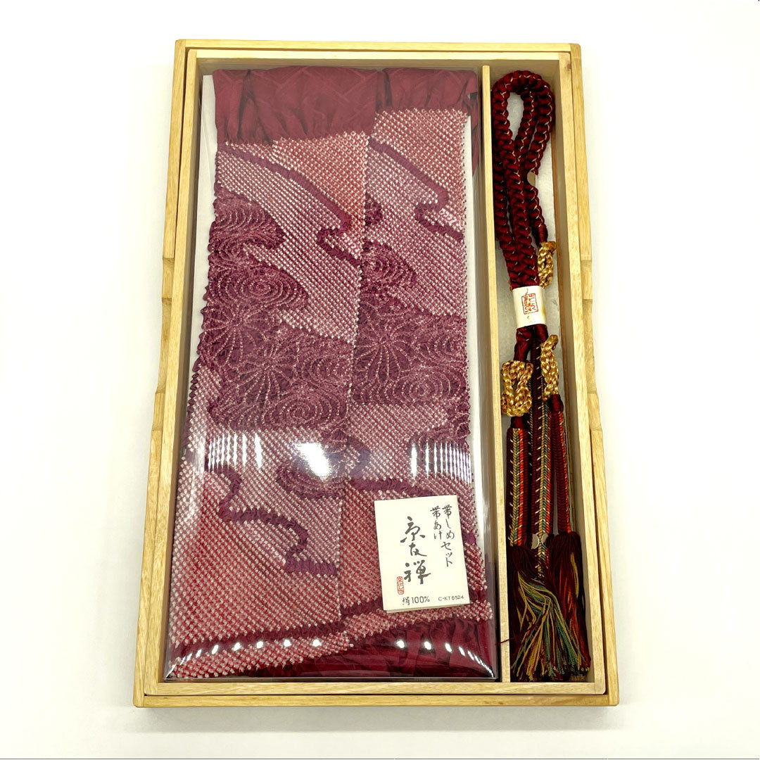 (New old stock) Obi-jime and obi-age set, genuine silk, A-rank, reddish purple, shibori, Kyo Yuzen, for furisode, length approx. 160cm, width approx. 1cm, semi-formal, purple-toned, 1141000513320