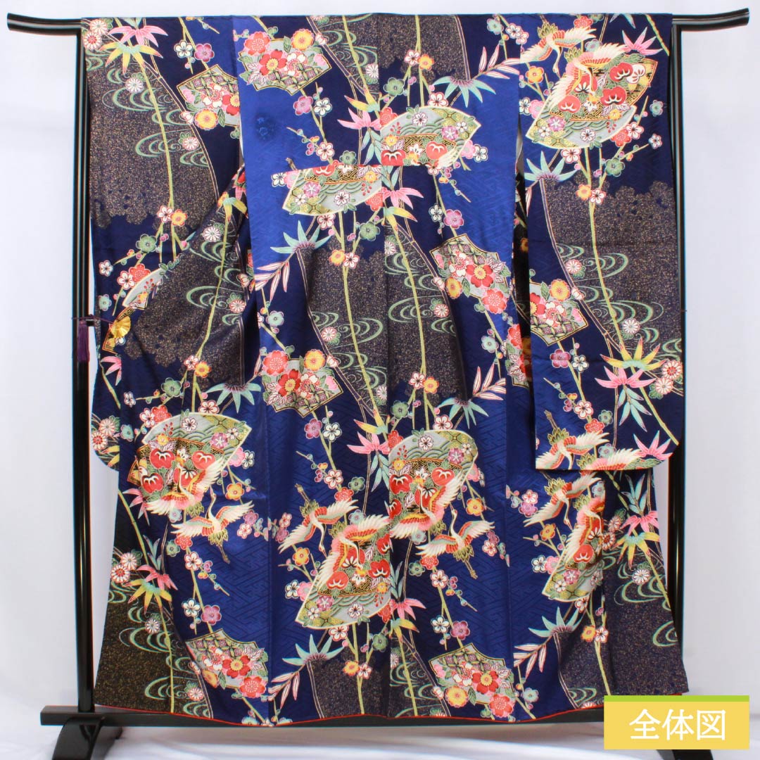 Furisode (long-sleeved kimono) made of pure silk, S rank, length 158cm, sleeve length 64.5cm, lined, Kyoto yuzen, auspicious motifs of cranes, tangerines, fan motifs, plum blossoms, and blue tones, product number 1113002662317