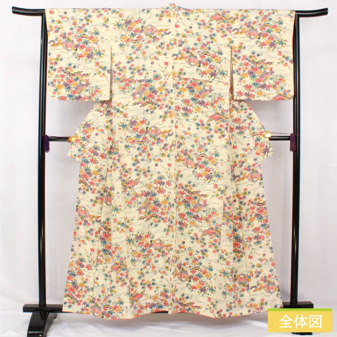 Komon, pure silk, length 158.5cm, sleeve length 64cm, lined, Neriiro (Neri-iro), stencil dyeing, Bingata style, Chayatsuji, A rank, cream color, 1115005103315