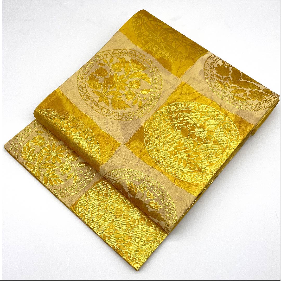 袋帯 薄卵色（うすたまごいろ） 市松模様 花丸模様 帯丈424cm 正絹 Sランク 六通 セミフォーマル 黄系 1123006622323