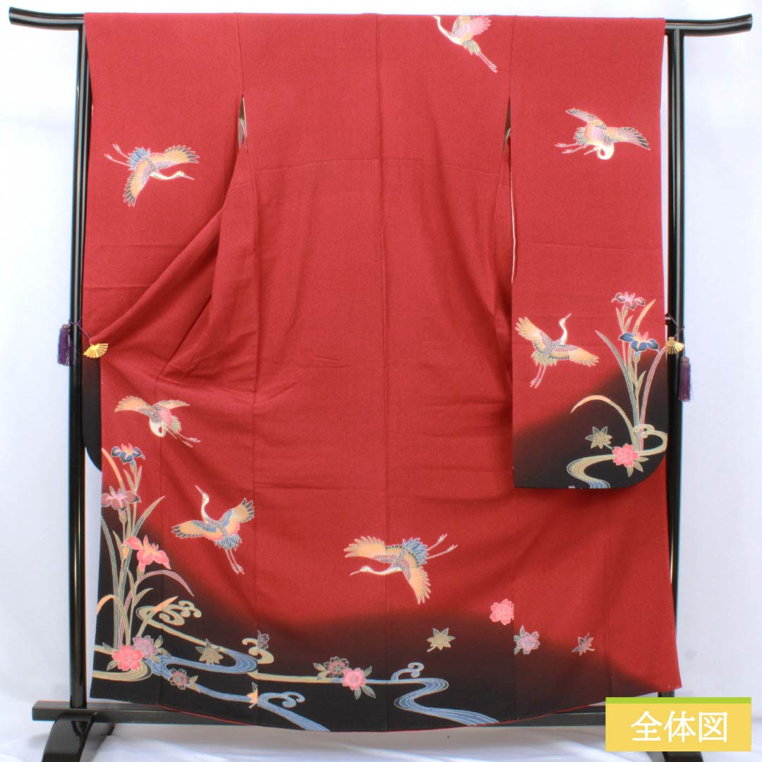 振袖 正絹 Sランク 身丈161.5cm 裄丈63.5cm 袷 生臙脂色（しょうえんじいろ） 京紅型 鶴 流水 桜 菖蒲 赤系 1113002372412