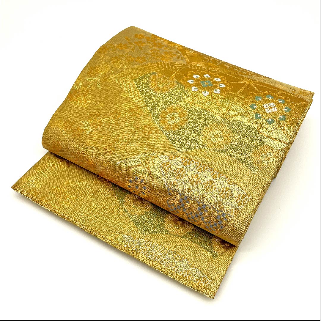 袋帯 金色 正倉院文様 宝相華 扇面 帯丈438cm 正絹 Aランク 六通 フォーマル 金系 1123002863321