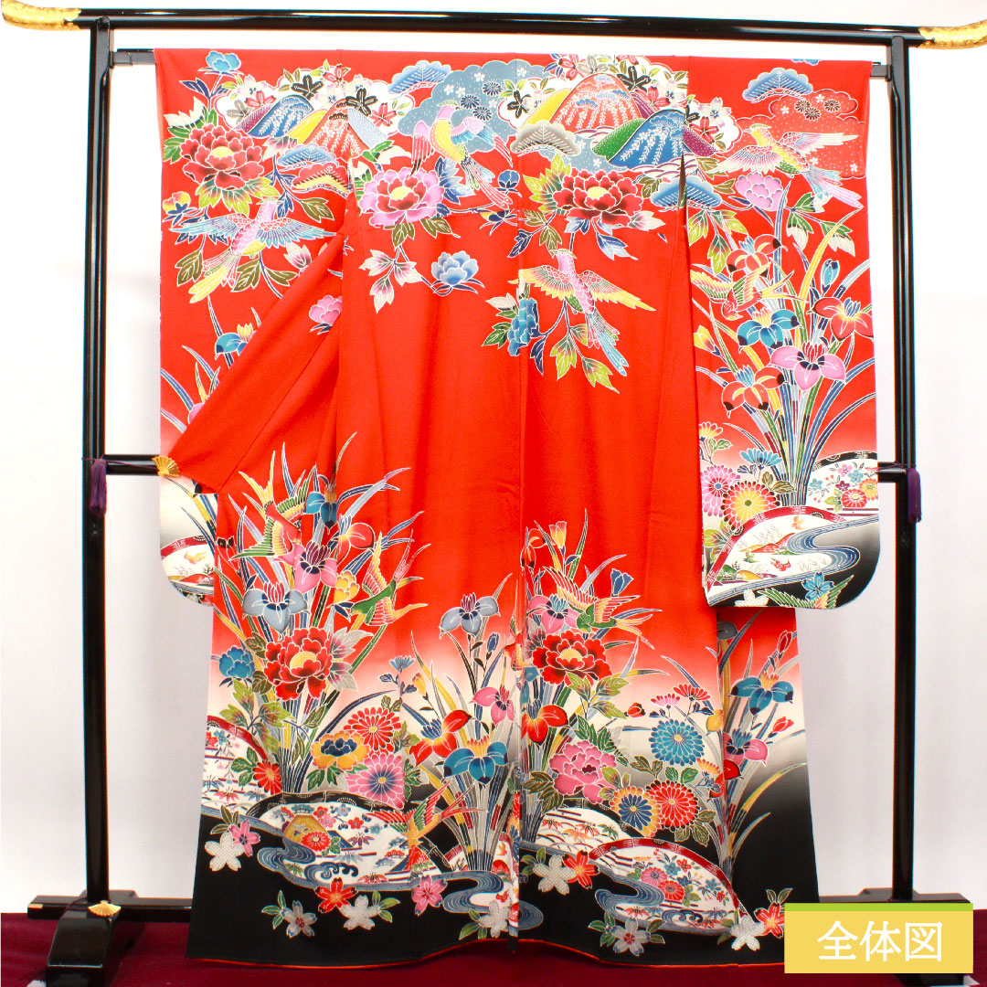 Furisode, pure silk, length 164cm, sleeve length 65.5cm, lined, scarlet, Kyoto Bingata, auspicious motif, S rank, red, 1113001832412