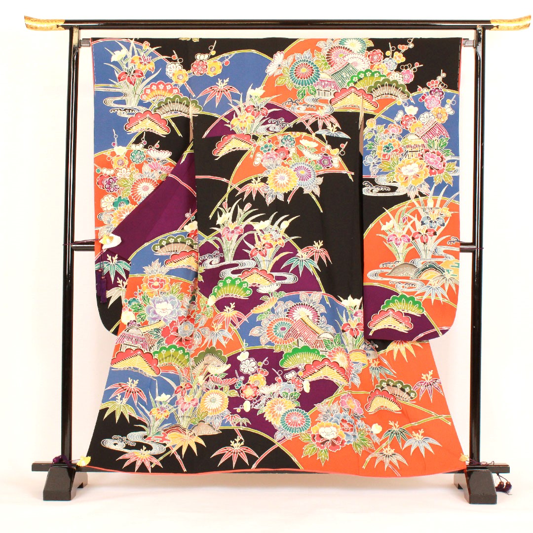 振袖 身丈160cm 裄丈68cm 袷  京紅型 松竹梅  正絹 Aランク 黒系 1113000363410