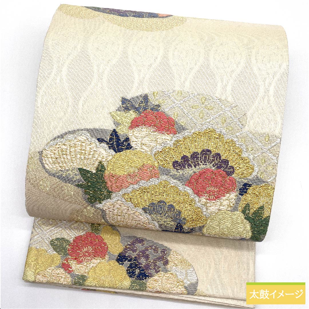 Fukuro Obi, pure silk, off-white, classic pattern, floral pattern, cloud pattern, obi length 446cm, S rank, six-pass, semi-formal, white, 1123010762311