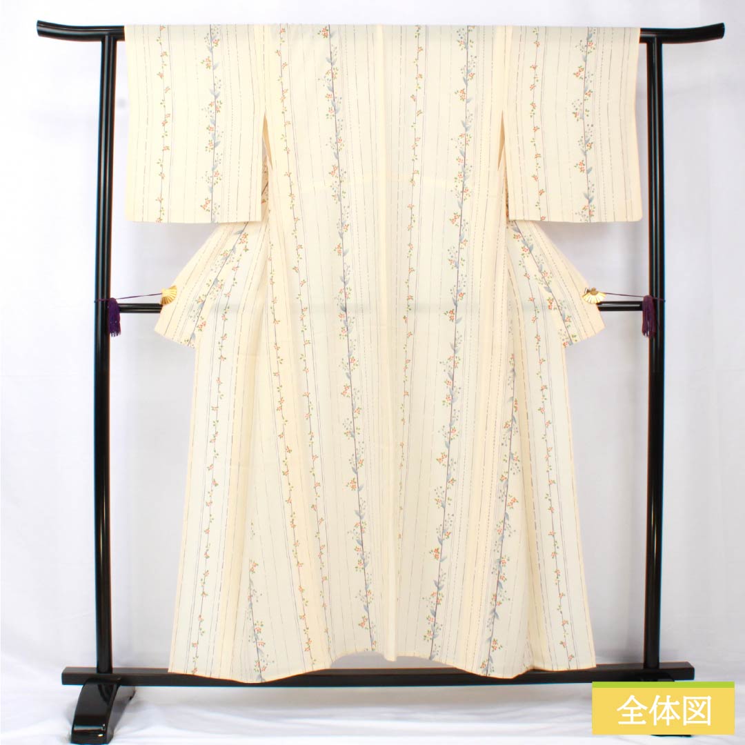 夏物 正絹 小紋 身丈153cm 裄丈62cm 生成り色（きなりいろ） 京友禅 縞 小花 絽 Aランク クリーム系 1132002053215