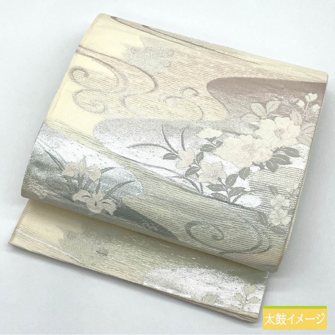 Fukuro Obi (sash), pure silk, A-grade, off-white, summer obi with a gold leaf pattern and flowing water design, hazy, 440cm long, six-pass, semi-formal, white, 1123015103311