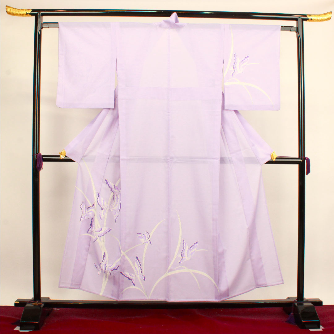 夏物 ポリエステル 訪問着 身丈152cm 裄丈61.5cm 淡紫色（たんししょく） 洗える着物 蝶 絽 Sランク 紫系 1132000682220
