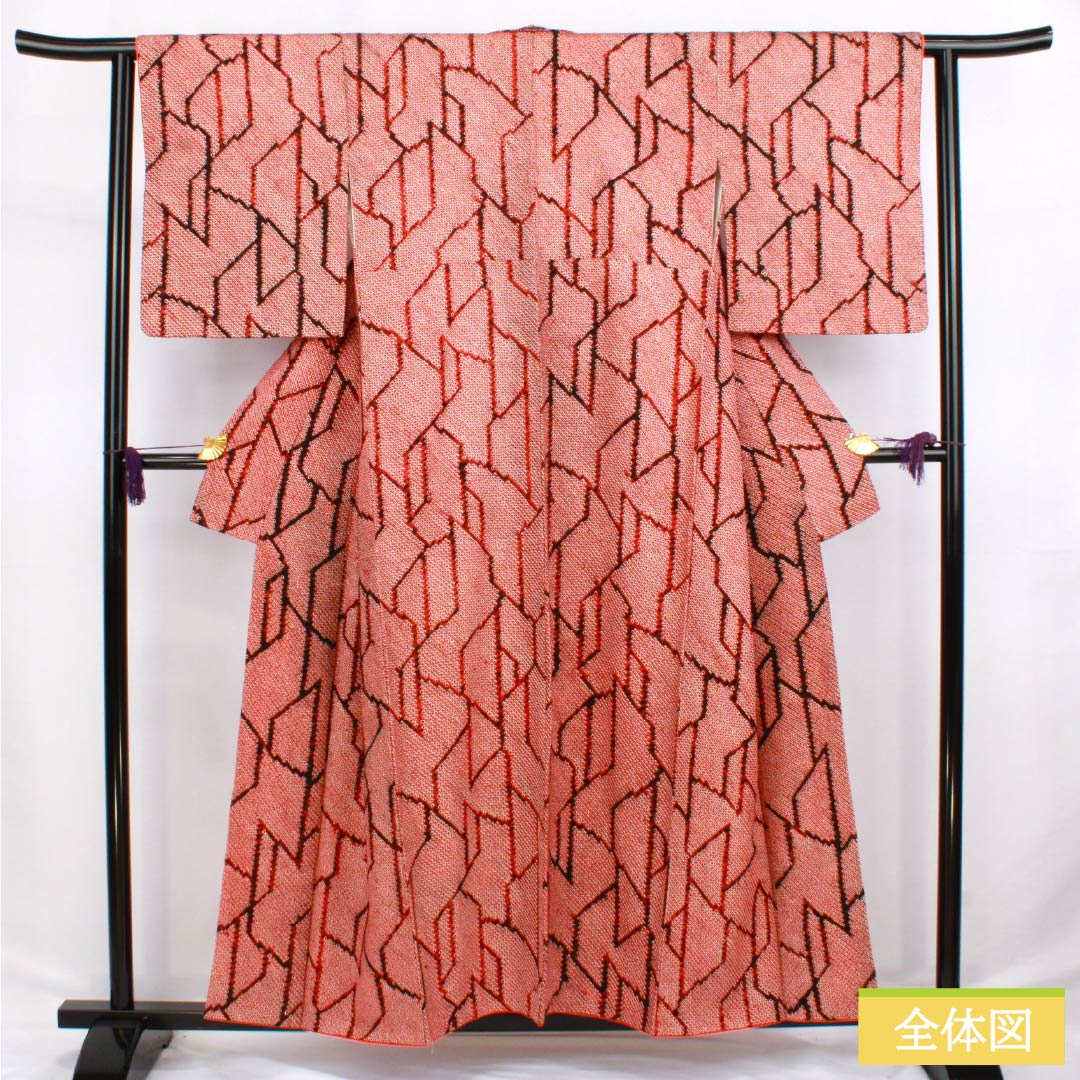 Komon (small pattern) silk, A-rank, length 156cm, sleeve length 63cm, lined, red, tie-dyed, geometric pattern, red-based, product number 1115006483312
