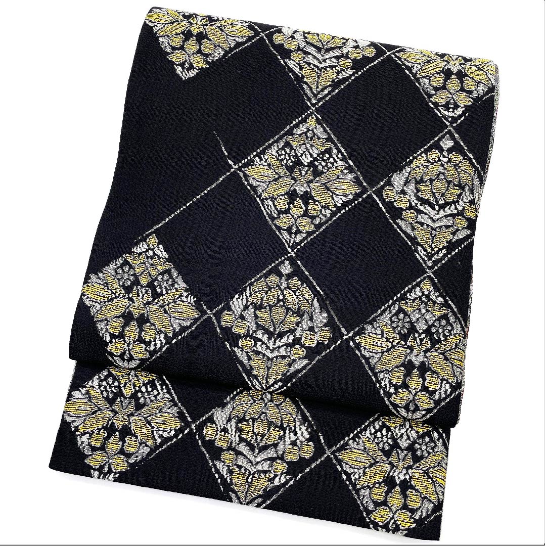 Fukuro Obi Black Diamond Abstract Flower Pattern Obi Length 447cm Pure Silk S Rank Six-way Casual Black 1123009502310