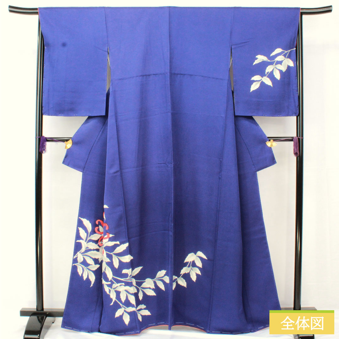 Homongi, pure silk, lined, length 163.5cm, sleeve length 65.5cm, lapis lazuli, Kyoto Yuzen, chrysanthemum, with basting thread, A rank, navy blue, 1112005283418