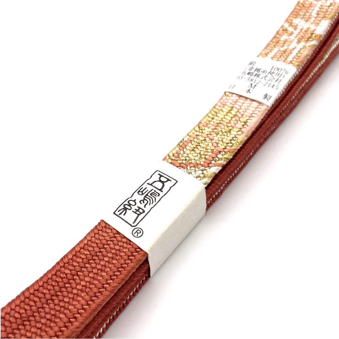 （新古品） 帯締め 正絹 四分紐 紅唐色（べにとういろ） 五嶋紐 江戸組紐 金属糸使用 長さ約162cm 幅約1.7cm セミフォーマル Sランク 橙系 1135002392326