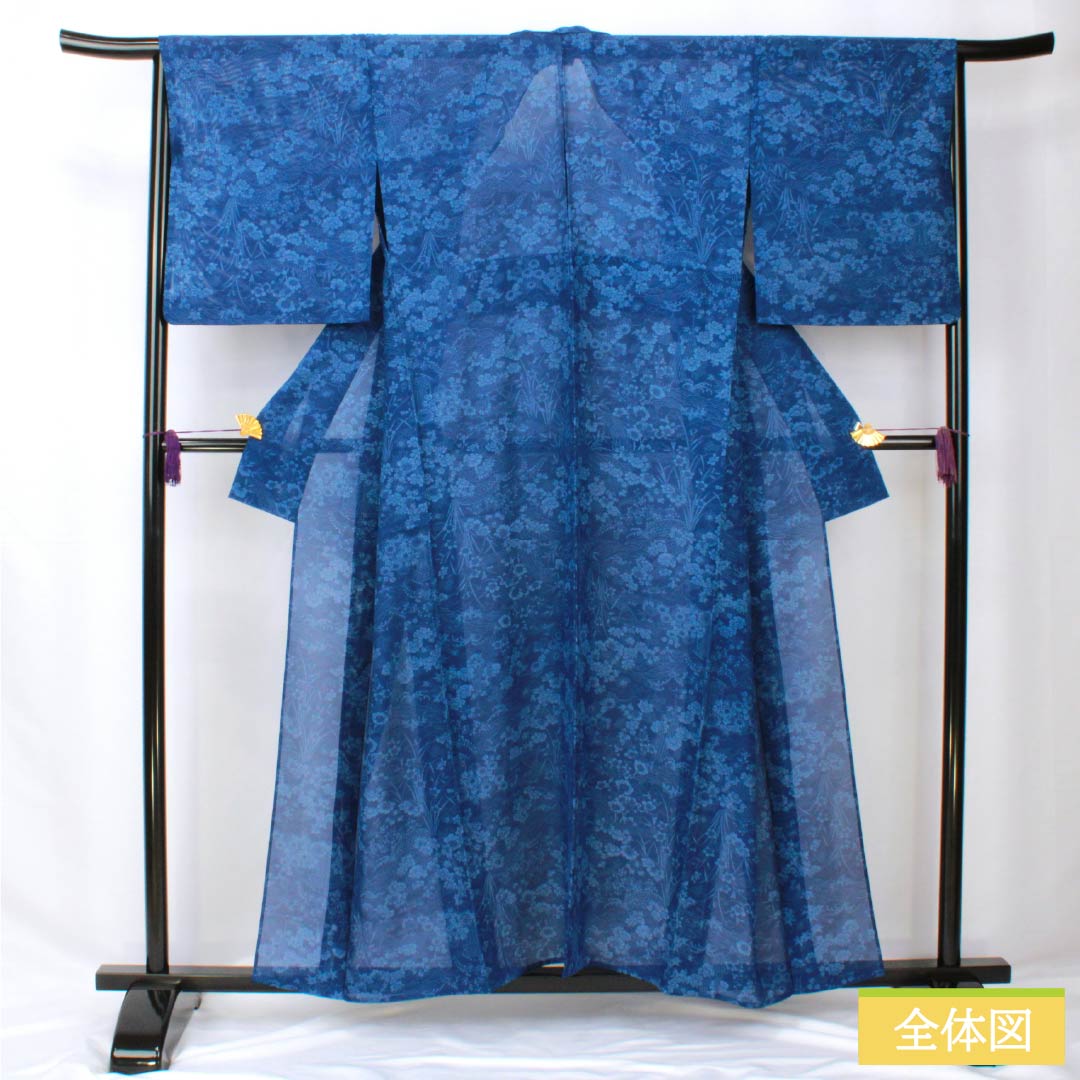 夏物 正絹 小紋 身丈157cm 裄丈65cm 紺桔梗色（こんききょういろ） 京紅型 草木染 五泉 絽 Aランク 紺系 1132002123318