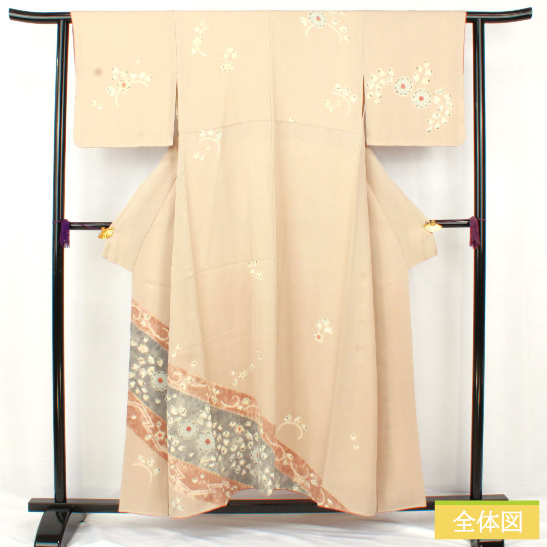 Homongi, pure silk, lined, length 152cm, sleeve length 61.5cm, light fragrance color, Tsujigahana pattern, with basting thread, S rank, beige, 1112006012225