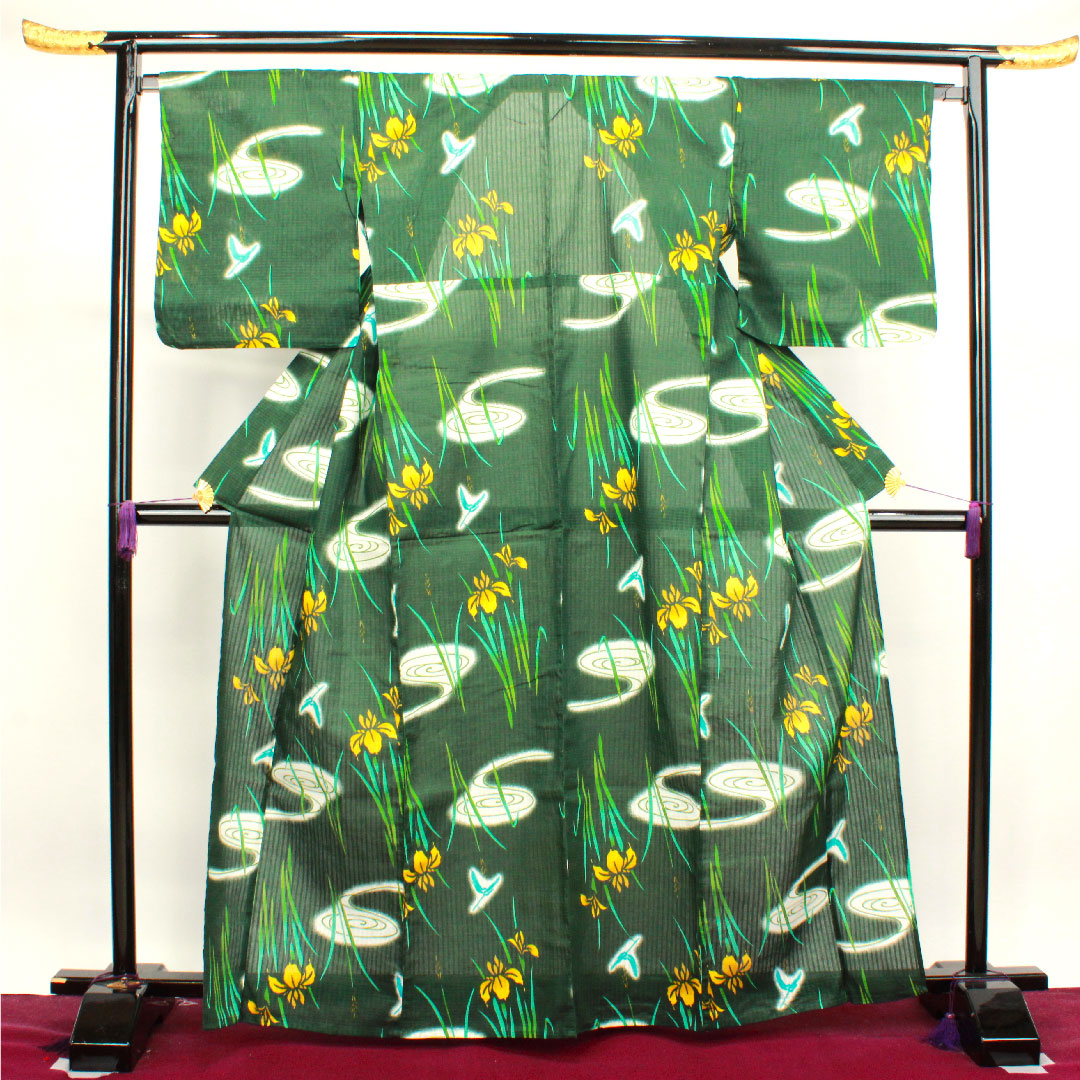 浴衣 黒緑色 菖蒲 トンボ 木綿 Sランク 単衣 身丈165.5cm 裄丈67.5cm 緑系 1118003832519
