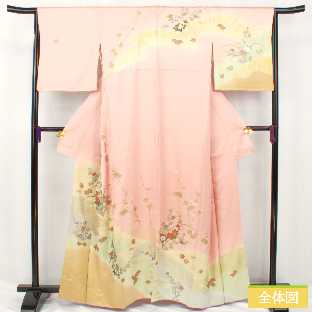 訪問着 正絹 袷 身丈161.5cm 裄丈65.5cm 薄紅梅色（うすこうばいいろ） 京友禅 吉祥文様 Bランク ピンク系 1112006004413