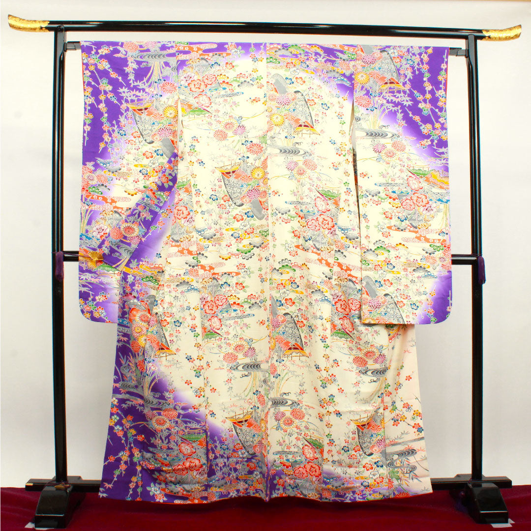 振袖 身丈162cm 裄丈65cm 袷  京紅型 松竹梅 菊 風景模様  正絹 Sランク 白系 1113001632411