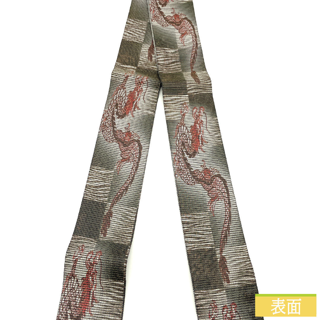 (Brand new, unused) Pure silk square obi with dragon and scale motifs, reversible, length 448cm, width 10cm, gray, product number 1134000581922