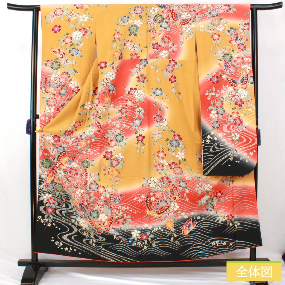 振袖 正絹 Sランク 身丈157cm 裄丈62cm 袷 小麦色（こむぎいろ） 京紅型 吉祥文様 蝶 花 流水 橙系 1113002882326