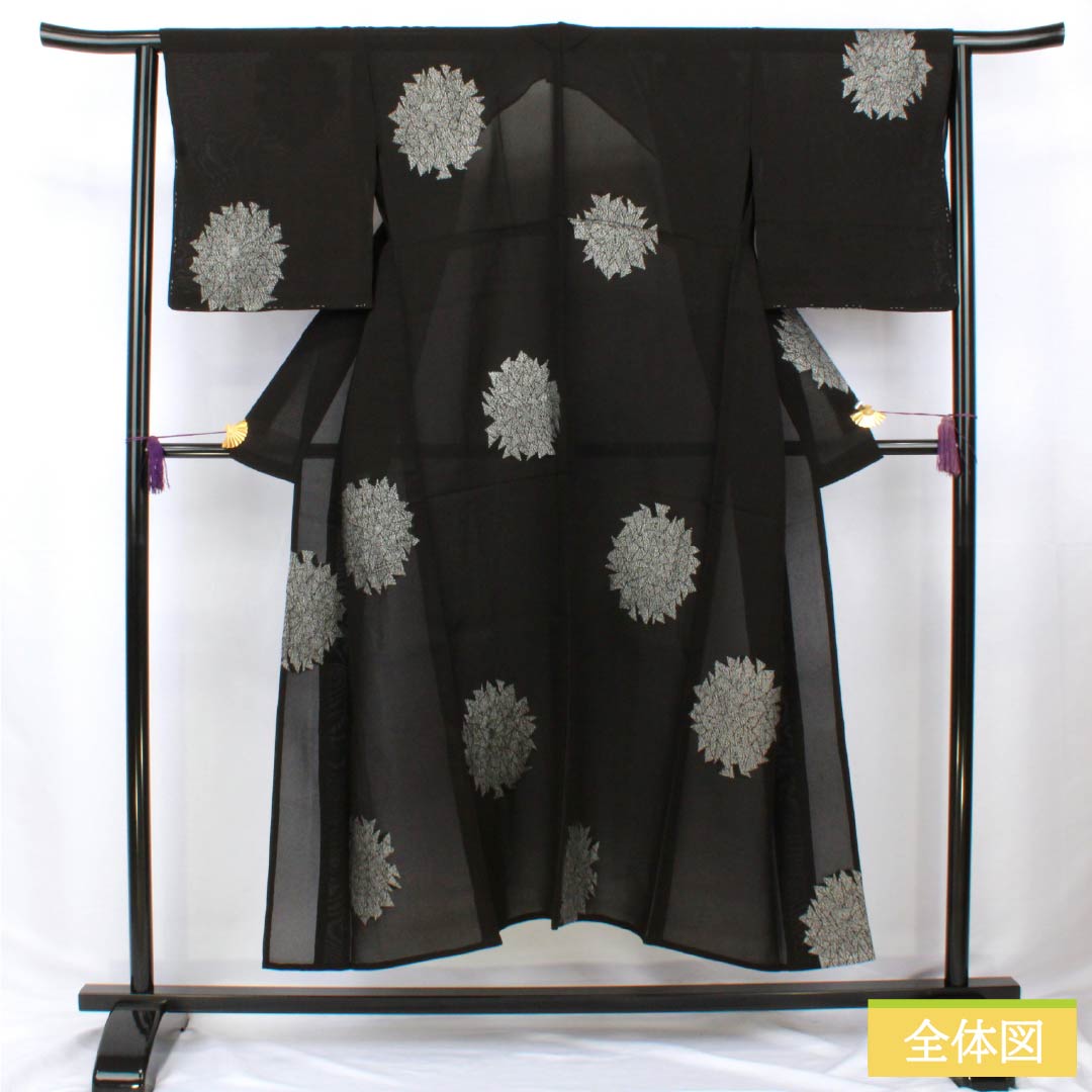 Summer Polyester Komon Kimono, Length 147cm, Sleeve Length 64.5cm, Embroidered Abstract Pattern, Gauze, S Rank, Black, 1132002412110