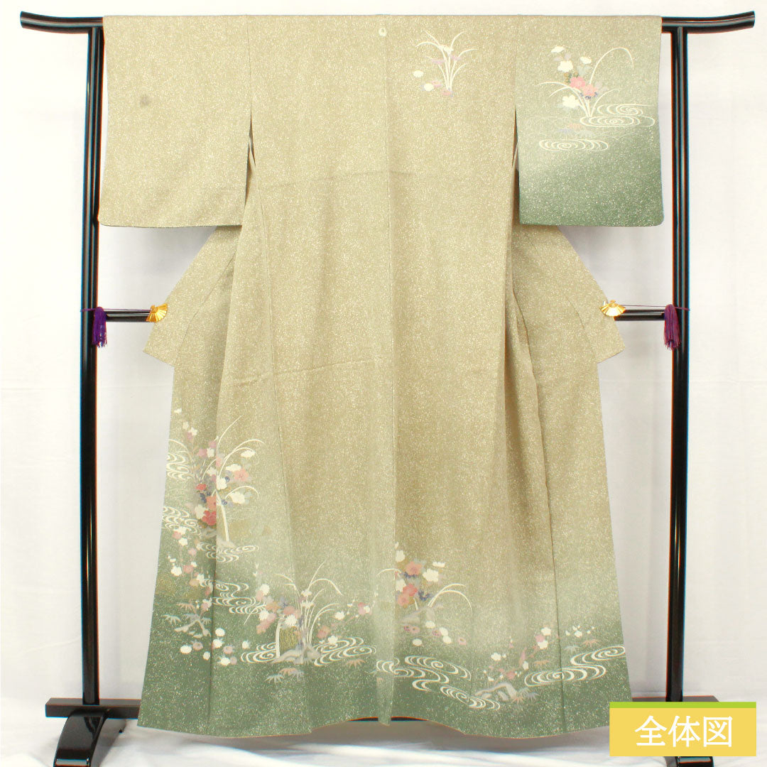 訪問着 正絹 袷 身丈157.5cm 裄丈62cm 蠟色（ろういろ） タタキ染 京友禅 菊 菖蒲 一つ紋 Sランク 緑系 1112005252319