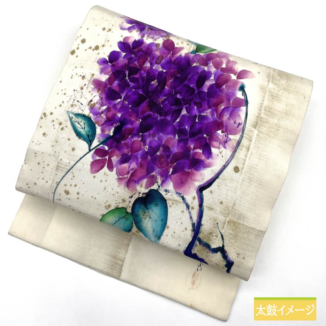 Nagoya obi, off-white (kinari-iro), dyed obi, artist's work, hydrangea, obi length 345cm, pure silk, A rank, point pattern, casual, cream color, 1124007003315, Nagoya tailoring
