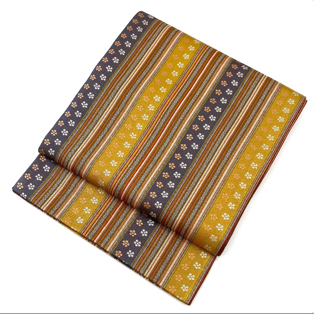 Fukuro Obi, Striped, Floral Pattern, Length 442cm, Pure Silk, A Rank, Full Length, Casual, Gradient Style, 1123005973399