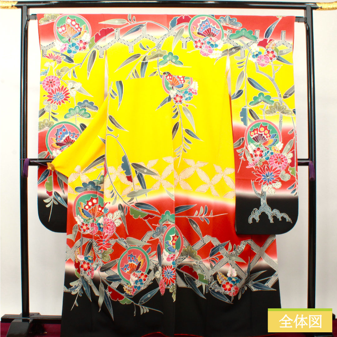 振袖 正絹 身丈165.5cm 裄丈65cm 袷  向日葵色 京紅型 吉祥文様  Sランク 黄系 1113001872523