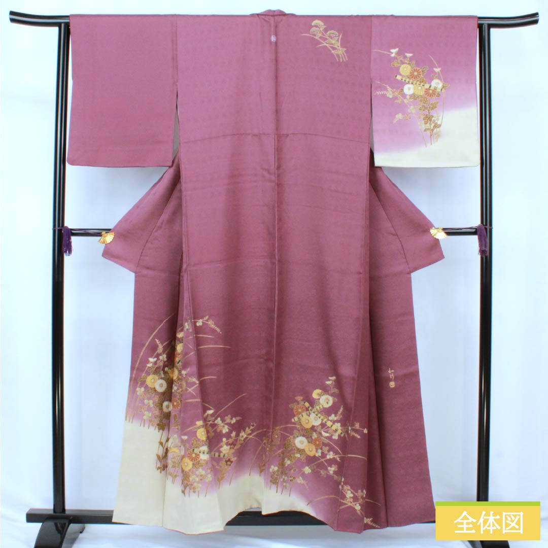 Visiting Kimono, Pure Silk, S Rank, Lined, Length 155.5cm, Sleeve Length 63cm, Crimson (Mekkouiro) Color, Kyoto Yuzen, Sewn Crest, Snow Rings with Different Hawk Feathers, Chrysanthemums, Hagi, Purple, Item Number: 1112006812320