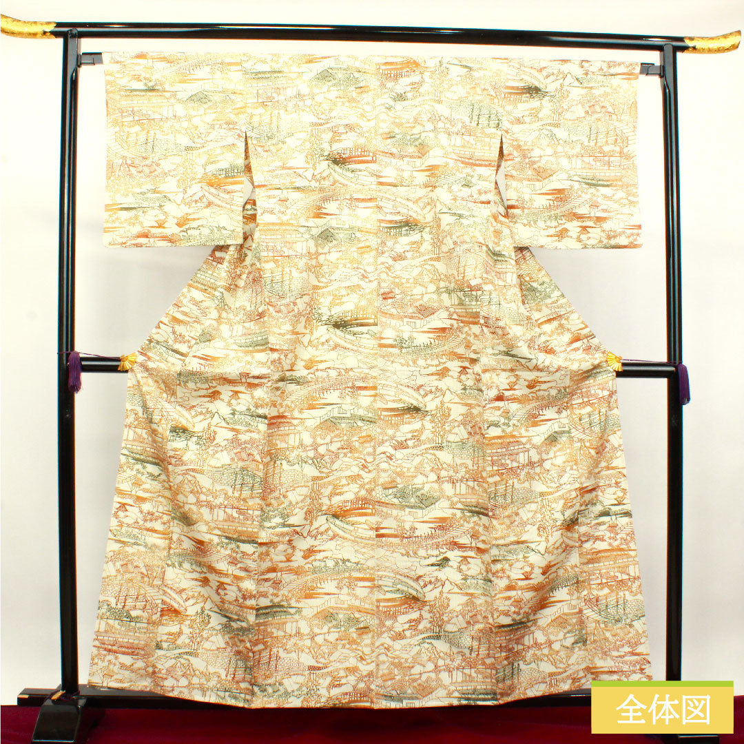 小紋 正絹 身丈160.5cm 裄丈65.5cm 単衣  生成り色 紬地 茶屋辻  Aランク クリーム系 1115003873415