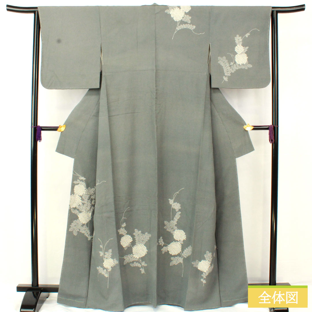 訪問着 正絹 袷 身丈163.5cm 裄丈63.5cm 青鈍色（あおにびいろ） 紫陽花 部分絞り Aランク グレー系 1112005353422