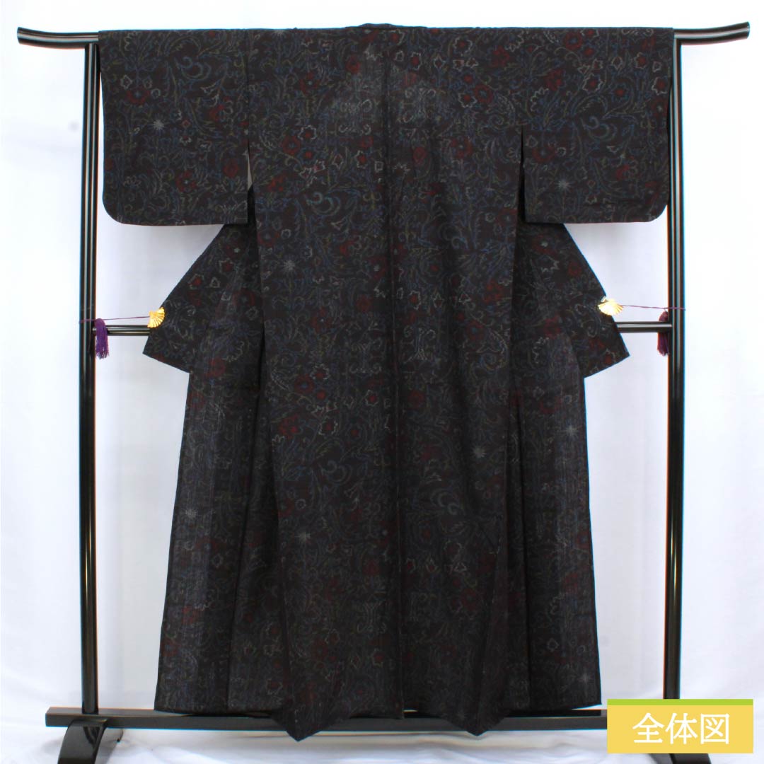 Pure silk tsumugi (pongee) kimono, S-rank, length 157cm, sleeve length 66cm, colored in aisumi brown with an abstract pattern, navy blue, single layer, product number 1116004152318