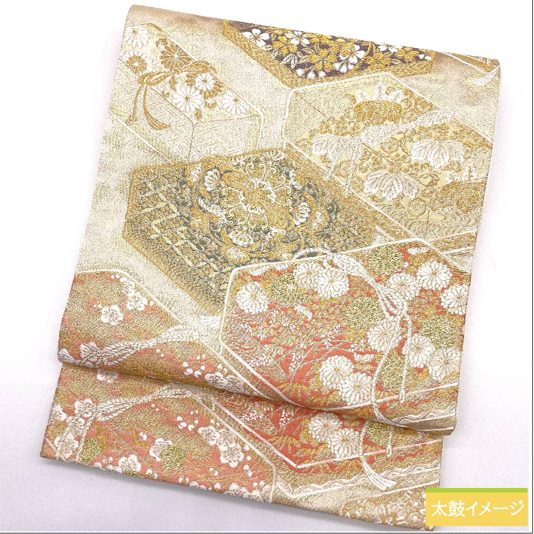 袋帯 素色（しろいろ） 吉祥文様 熨斗結び紐 宝箱 加納幸 帯丈438cm 正絹 Sランク 六通 フォーマル 金系 1123010962321