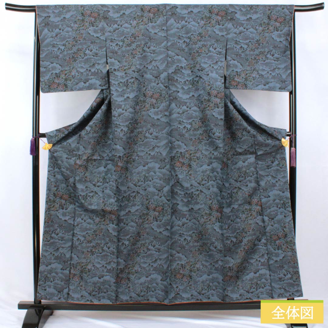 Tsumugi Silk S Rank Length 159.5cm Sleeve Length 66.5cm Murayama Oshima Landscape Pattern With basting thread Lined Navy
