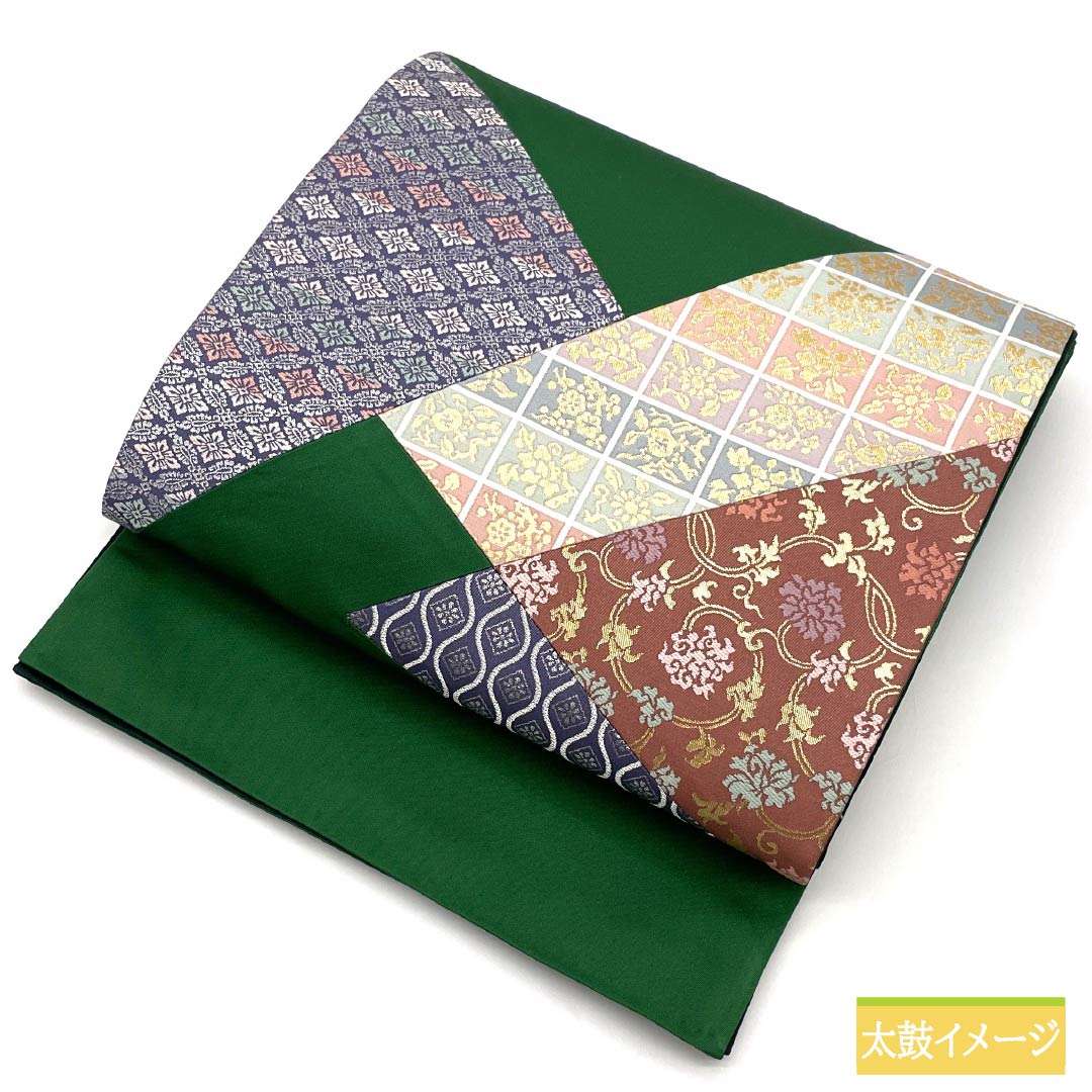Dark green silk obi with a kiribame (traditional Chinese flower) design, tachiwaku (standing wave) pattern, and diamond pattern. Length: 444cm. S-rank. Semi-formal. Green. Product code: 1123014952319.