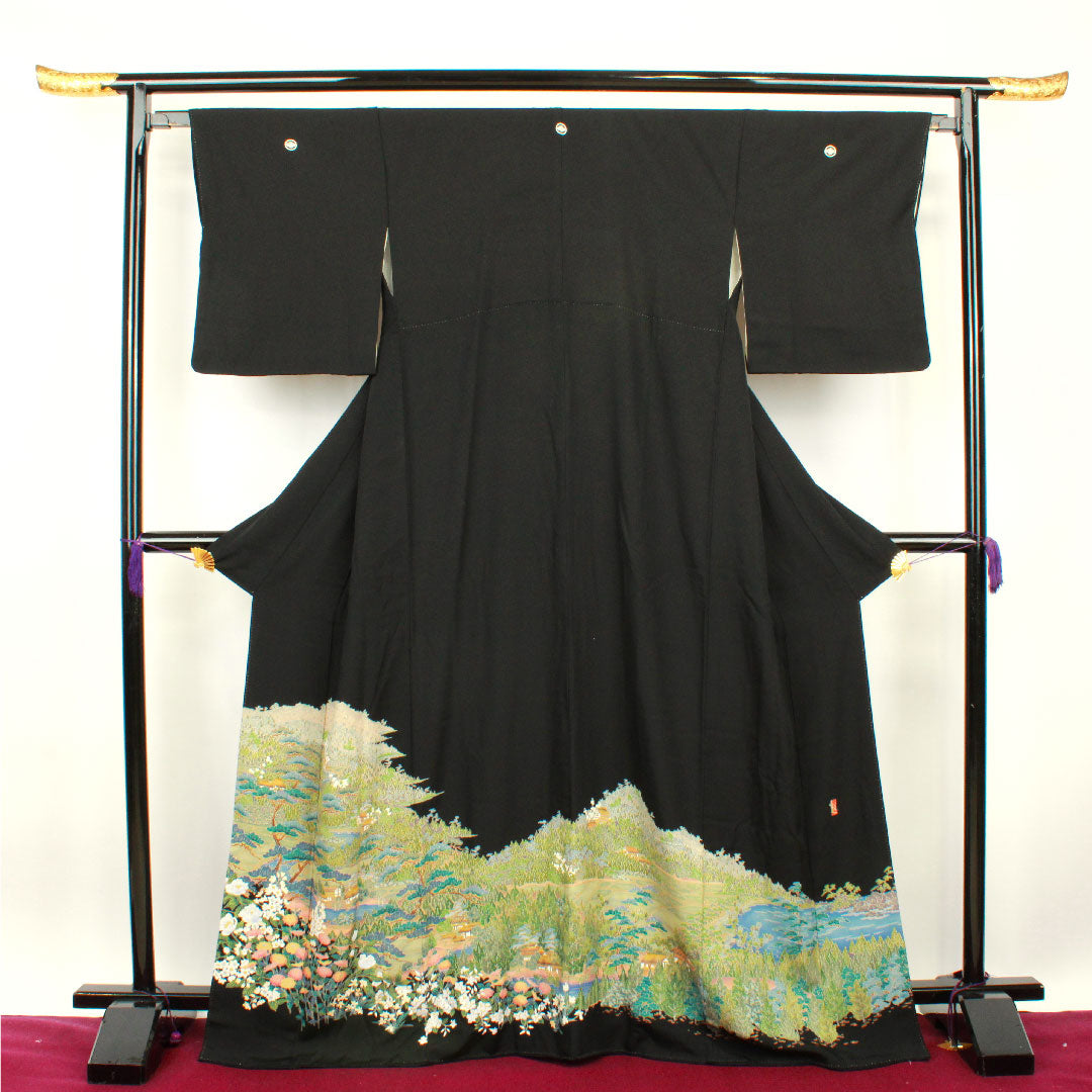 Black formal kimono, length 168.5cm, sleeve length 62cm, lined, by artist Chaya Tsuji, floral pattern, circle with diamond pattern, pure silk, A rank, five crests, black, 1111000473510