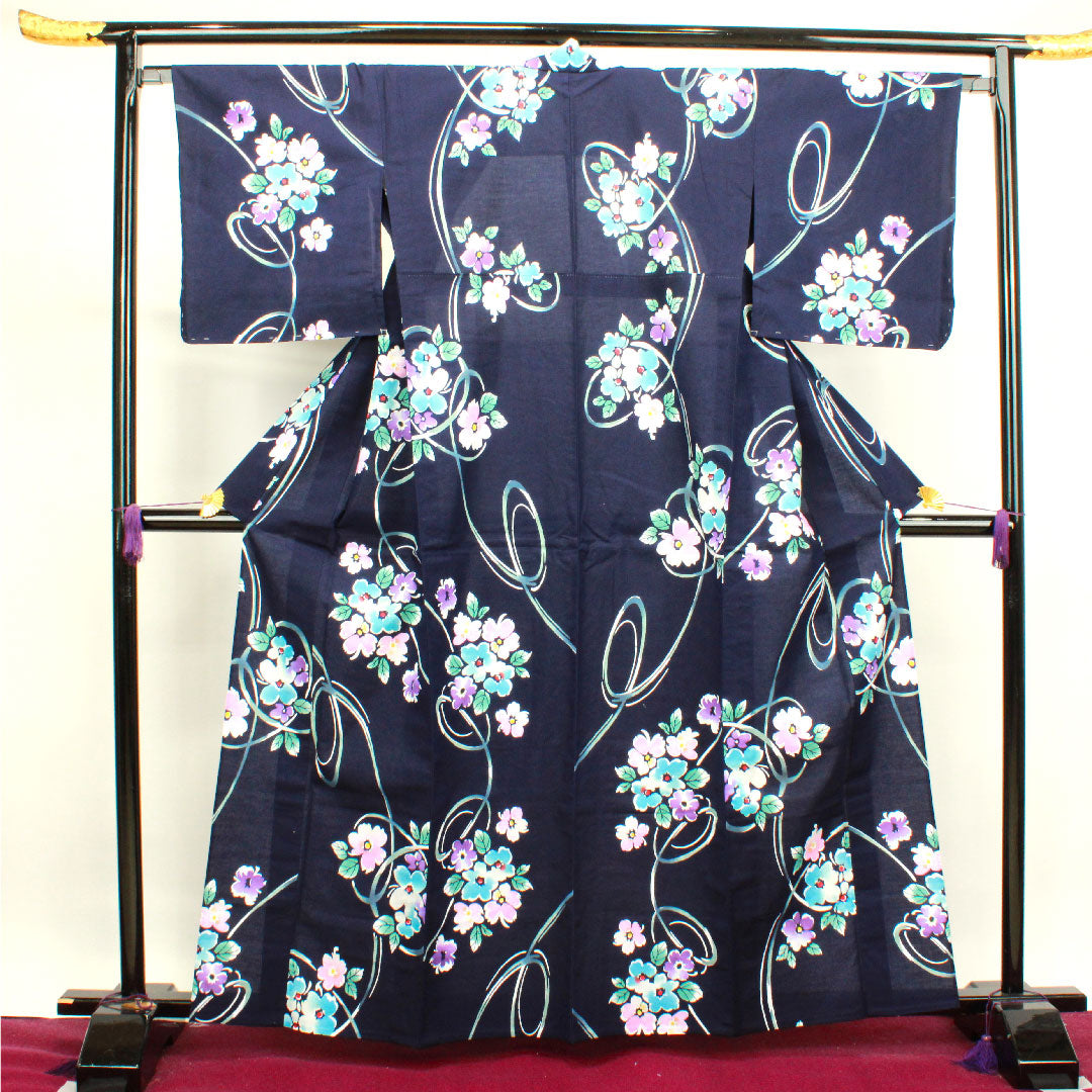 Yukata with basting thread, unused, dark navy blue, abstract flower, cotton, S rank, single layer, length 164cm, sleeve length 67cm, navy blue, 1118003432418