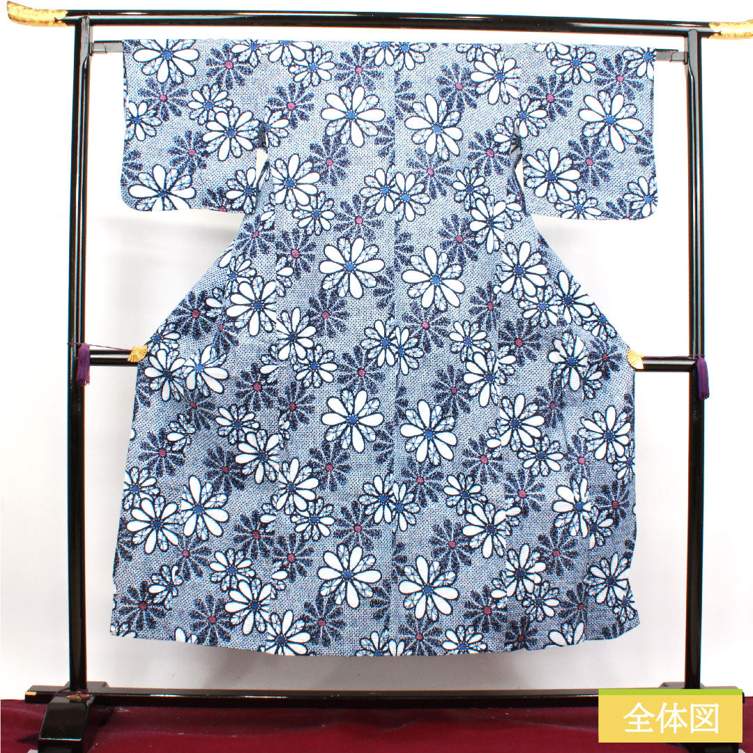 浴衣 木綿 身丈148cm 裄丈63.5cm Sランク 単衣 紺系 濃紺色（のうこんいろ） リップル 菊 1118004572118