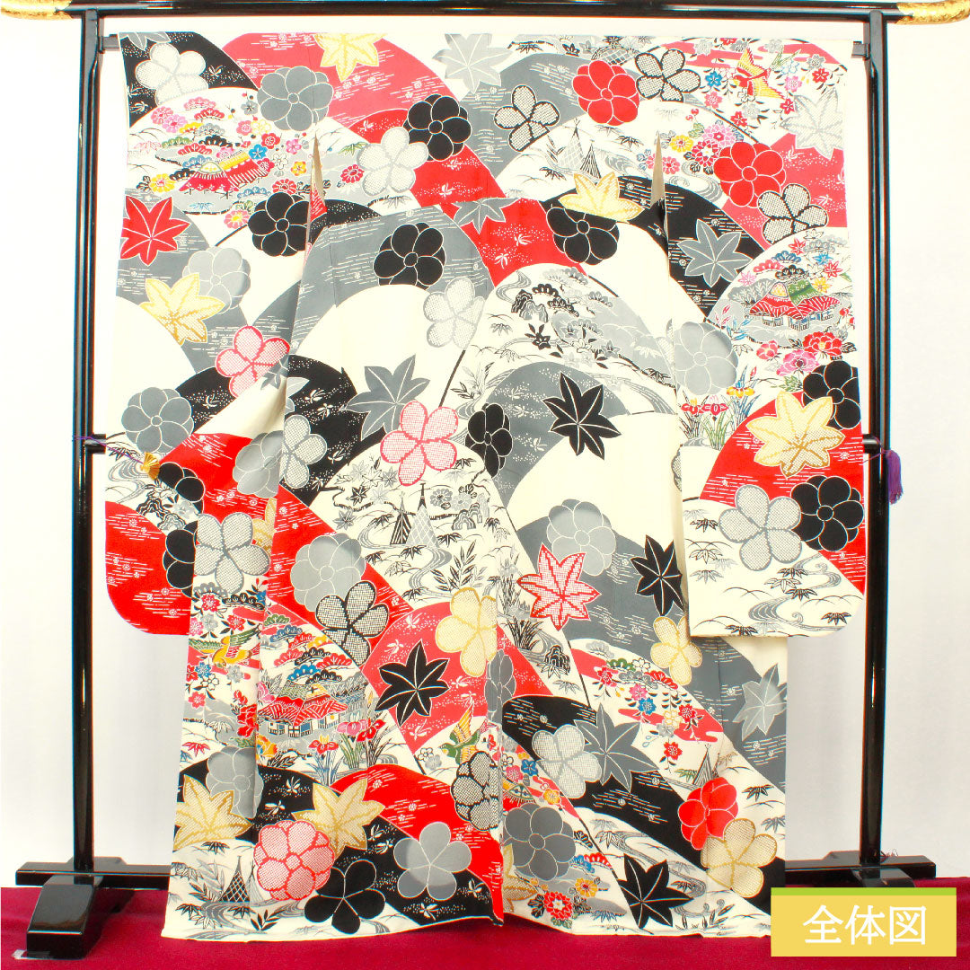 Furisode, pure silk, length 167.5cm, sleeve length 69cm, lined, Kyoto Bingata, auspicious motif, Hajik processing, A rank, white, 1113002103511
