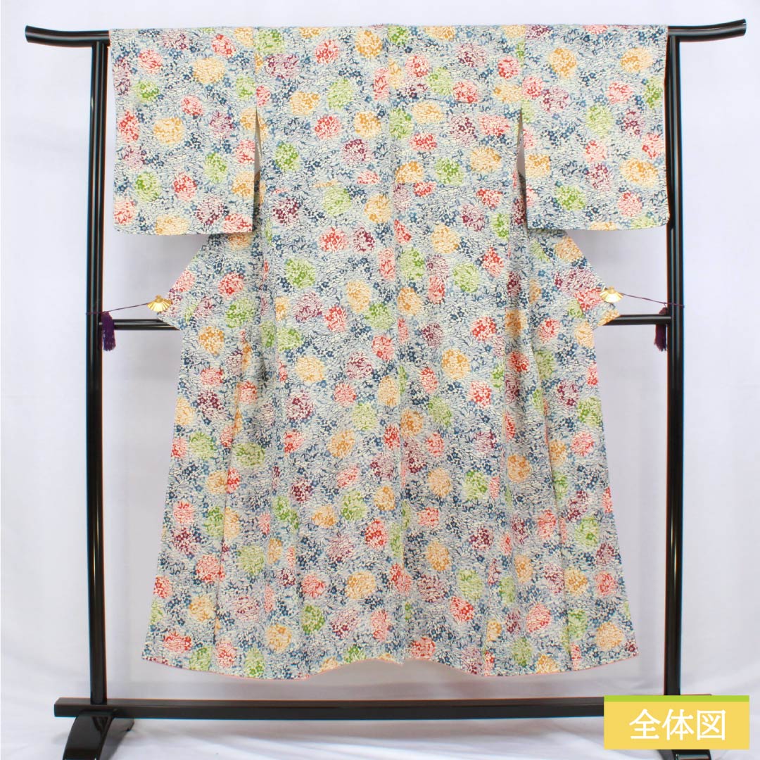 Komon (small pattern) kimono, pure silk, length 147cm, sleeve length 64cm, lined, off-white, stencil-dyed, abstract pattern, with basting thread, A rank, white, 1115006123111