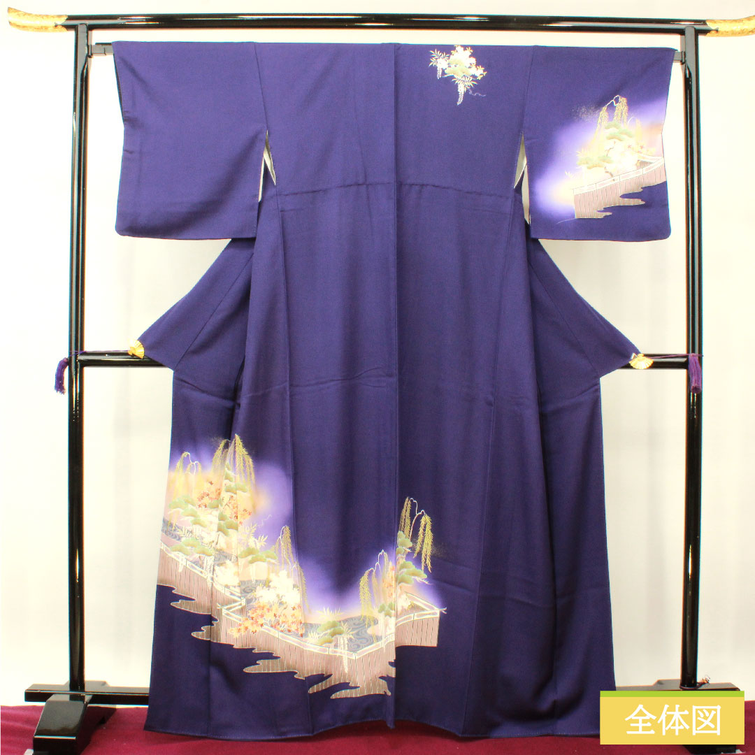 Homongi, pure silk, lined, length 165.5cm, sleeve length 67cm, Edo purple, Kyo-Yuzen, auspicious pattern, A rank, purple, 1112004143520